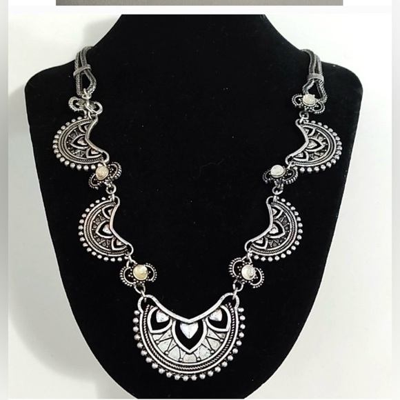 Bohemian Silver-Tone Filigree Half-Moon Two-Strand Choker 17-20” Necklace - Picture 1 of 5